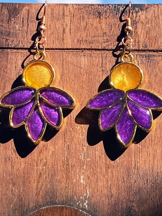 Jewelry - Purple and yellow/Gold Moon and lotus flower dangle earrings